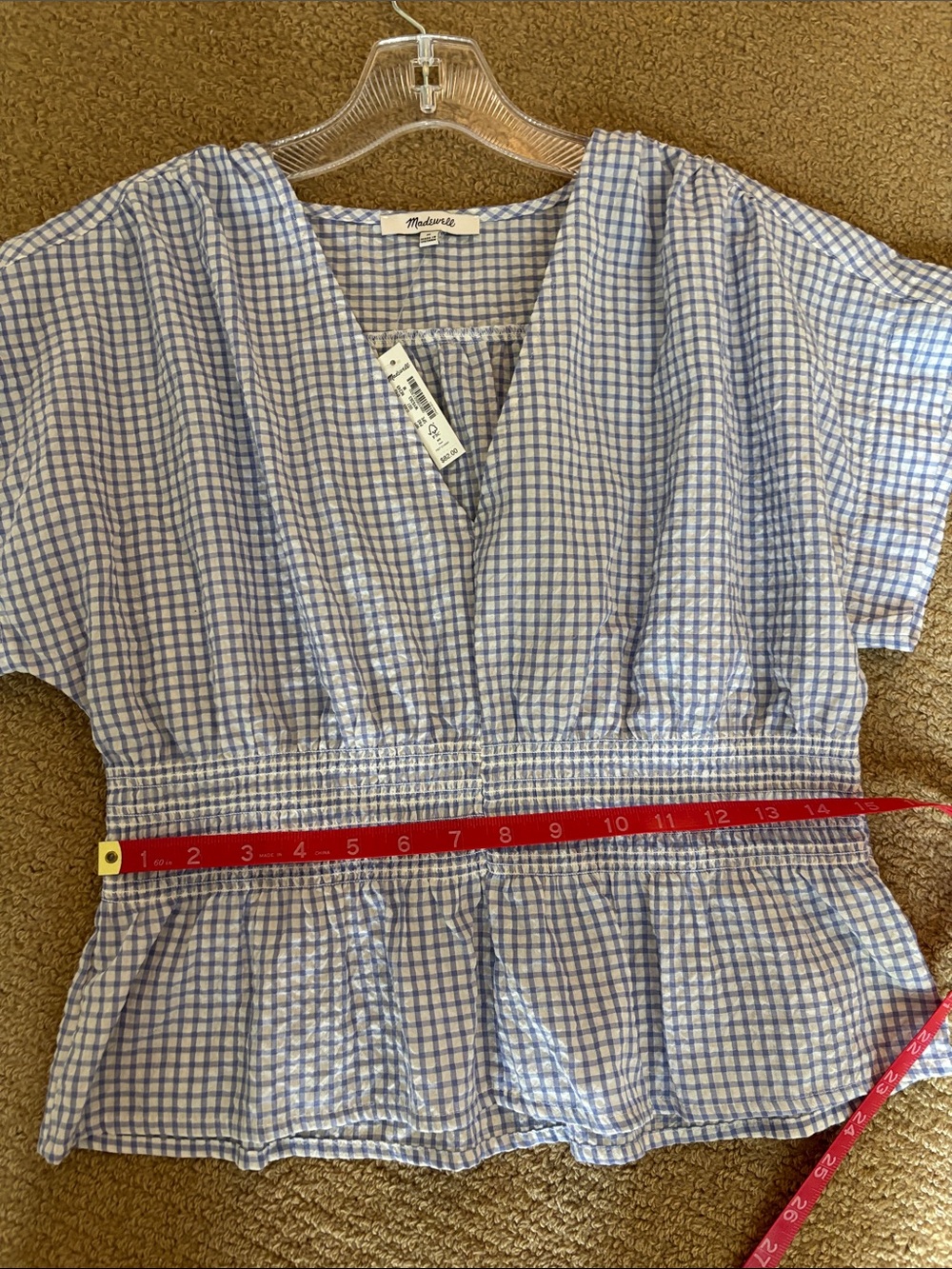 Madewell Light Blue Gingham Smocked Peplum Top - Picture 5 of 8